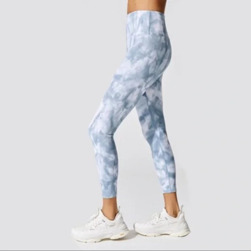 Women's Carbon38 French Blue and White Tie Dye Ribbed 7/8 Workout Leggings, sz S